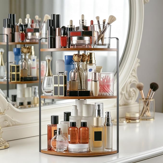 3 Tier Corner Bathroom Counter Organizer, Light Brown | Countertop Sink Organizer Rack, Wooden and Metal Counter Shelf, Space Saving Corner Bathroom & Vanity