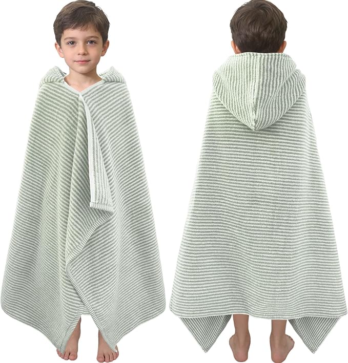 VOOVA & MOVAS Kids Hooded Bath Towel, 6-10 Years, 100% Cotton, Green Stripe | Refined Horizontal Stripes, Thick Plush Fabric, Excellent Water Absorption Performance