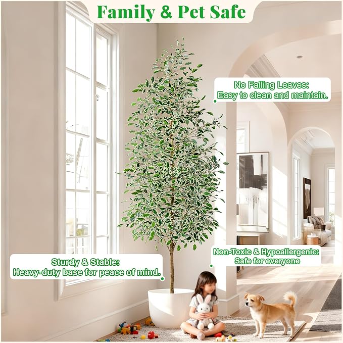 Bailikang 8FT Artificial Ficus Trees Indoor Faux Trees Indoor Fake Floor Plants Tall Artificial Tree with White Pot Faux Tree Fake Indoor Tree Silk Plants Artificial Trees for Home Decor Indoor
