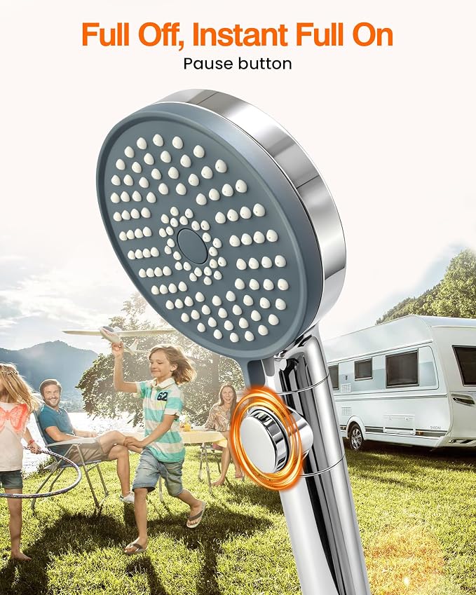 RV Shower Head with Hose, High Pressure Handheld RV Shower Head Replacement with On Off Switch,5 Modes,Power Jet, Camper Showerhead for RV, Travel Trailer, Motorhome,Boat,Silver