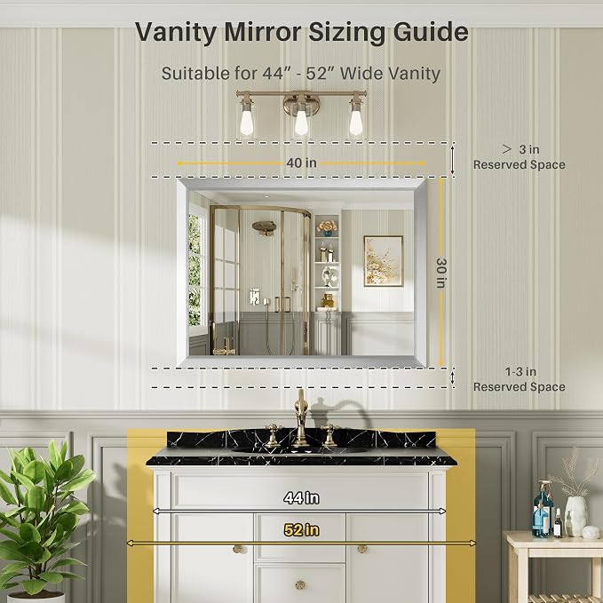 40x30 Inch Brushed Silver Bathroom Mirror for Wall, Thick Metal Framed Rectangle Mirrors for Over Sink, Bedroom, Living Room, Entryway, Anti-Rust, HD Tempered Glass