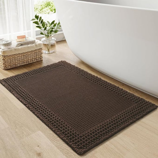RESARE Waffle Bath Mat for Bathroom Non Slip Bathroom Rugs 18x30 Dark Brown | Absorbent Boho Bathroom Floor Mats Machine Washable Quick Dry, Soft Solid Bath Rugs with Tassels, Ideal Farmhouse Home Decor