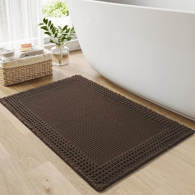 RESARE Waffle Bath Mat for Bathroom Non Slip Bathroom Rugs 17x24 Dark Brown | Absorbent Boho Bathroom Floor Mats Machine Washable Quick Dry, Soft Solid Bath Rugs with Tassels, Ideal Farmhouse Home Decor