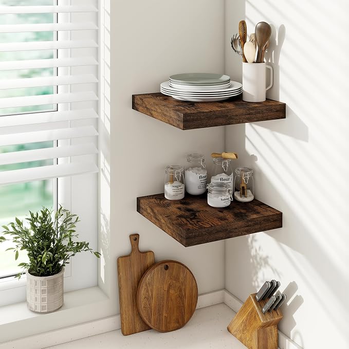 Vivelove Square Floating Shelves 12x12” Set of 2, Rustic Brown | Easy Install with Hardware, Invisible Brackets, No Sagging, Living Room Display Shelf, 2" Thick，Engineered Wood