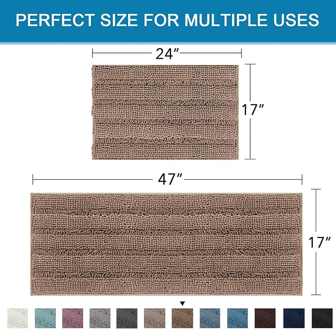 H.VERSAILTEX 2 Piece Bathroom Set - Super Absorbent Chenille Striped Bath Mats, Non Skid, Machine Washable (Taupe Brown, 47 x 17 Plus 17 x 24 - Inches)