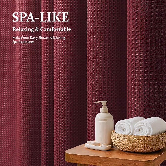 Extra Long Waffle Shower Curtain 256 GSM Fabric 72"x84" Burgundy | 84 Inch Long, Thick Polyester Cloth, Weighted Hem, Water Repellent, Washable, Tall Hotel Bathroom Shower Curtain Set 12 Hooks