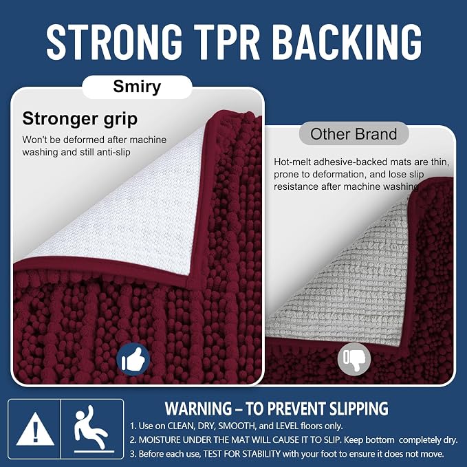 Smiry Bathroom Rugs 24X16, Extra Soft Rubber Backing Chenille Bath Mats | Burgundy Machine Washable Non Slip Quick Dry Bath Mats for Bathroom Floor, Tub, Shower, Home Decor Accessories