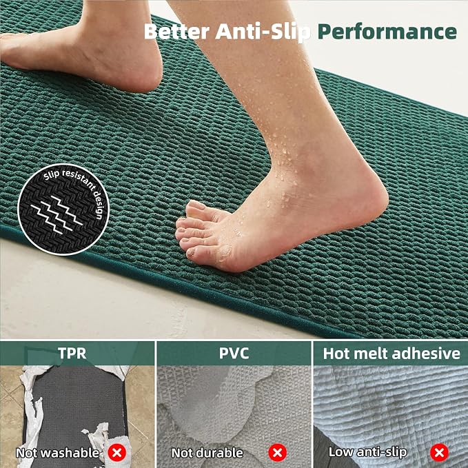 TYUU Bathroom Rugs Non Slip Washable, Super Absorbent Thin Bath Mat Small Quick Dry Low Pile Bathroom Rug, Dark Green 16"x24"