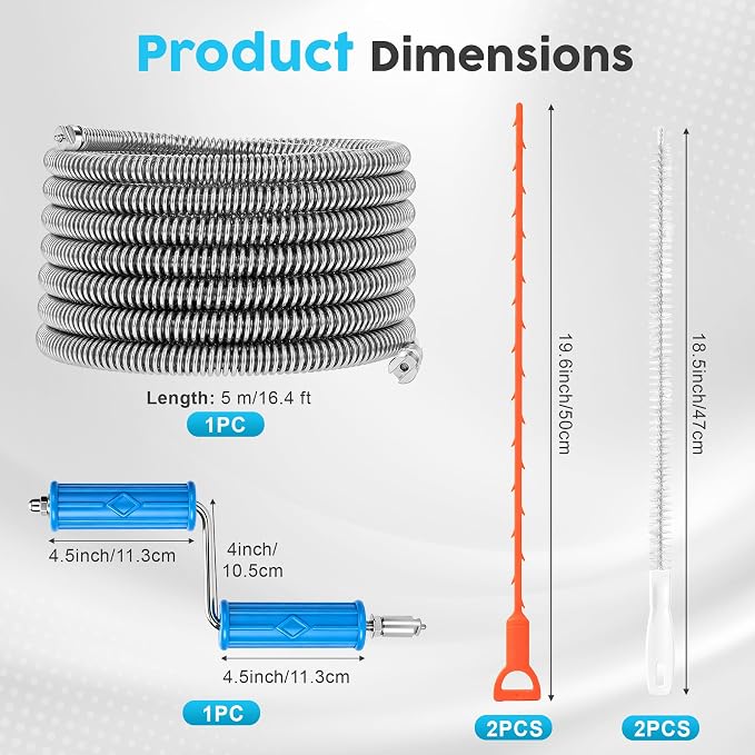 ACOCO 16.4FT Drain Snake, Drain Auger with Drill Attachment, 6 Cutter Heads | 14-in-1 Heavy-Duty Plumbing Snake Drain Clog Remover with 2 Hair Catchers & 2 Brushes for Kitchen Sink, Bathtub and Shower