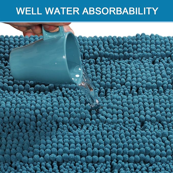 H.VERSAILTEX Turquoise Bathroom Rug, 2 Piece Bathroom Rug Set Slip-Resistant Extra Absorbent Soft and Fluffy Thick Striped Bath Mat Shag Floor Mat(Turquoise Blue, 20" x 32"/17" x 24")