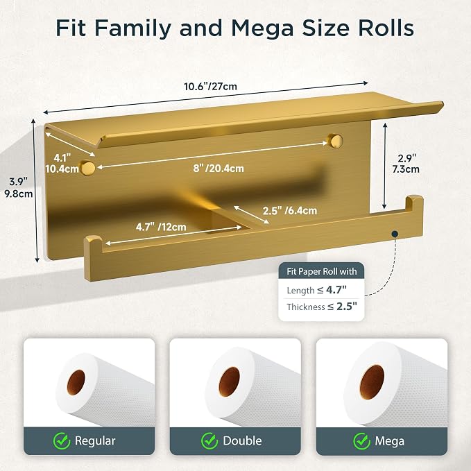 FORIOUS Toilet Paper Holder with Shelf, Commercial Toilet Paper Dispenser | Brushed Gold | SUS304 Stainless Steel Wall Mount Double Bathroom Tissue Roll Holder for Hotel, Apartments, etc