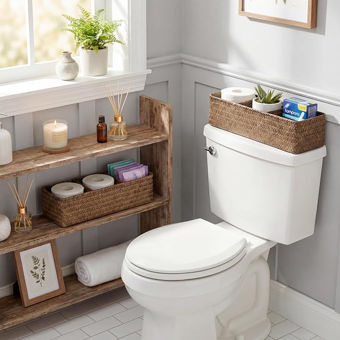 StorageWorks Toilet Paper Basket with Lid, Back of Toilet Baskets, Seagrass | Wicker Basket, Toilet Paper Storage for Back of Toilet Tank, Woven Baskets for Shelves, Wicker Baskets with 3 Compartments