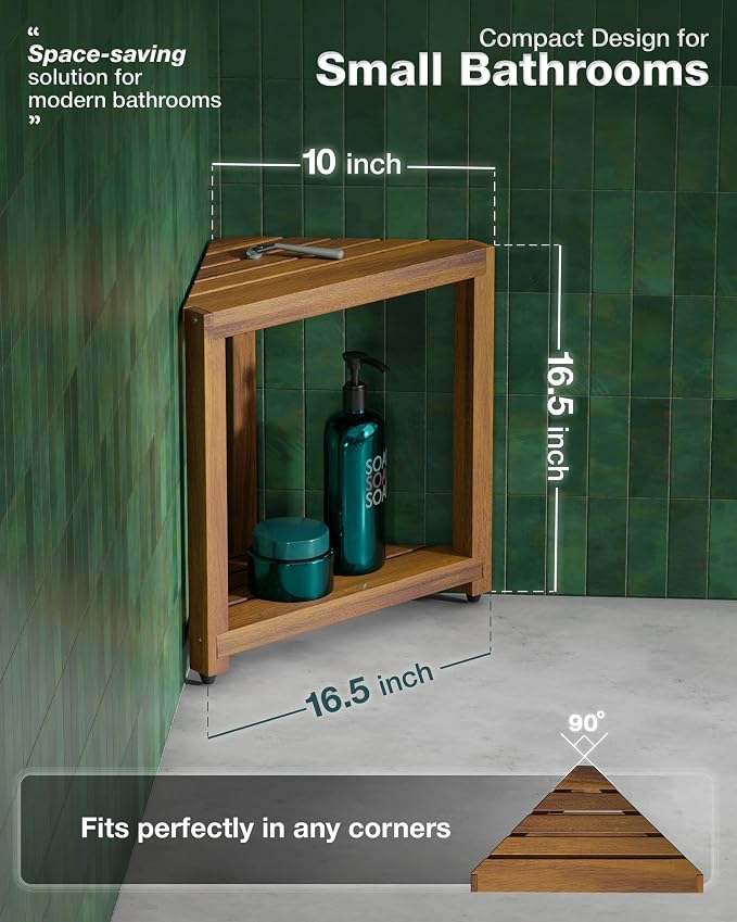 Bluewest 16.5 Inch Corner Shower Stool for Shaving Legs with Storage Shelf | Acacia Wood Waterproof Shower Foot Rest and Wooden Corner Bench for Shaving Legs and Seating Inside Small Shower Spaces.