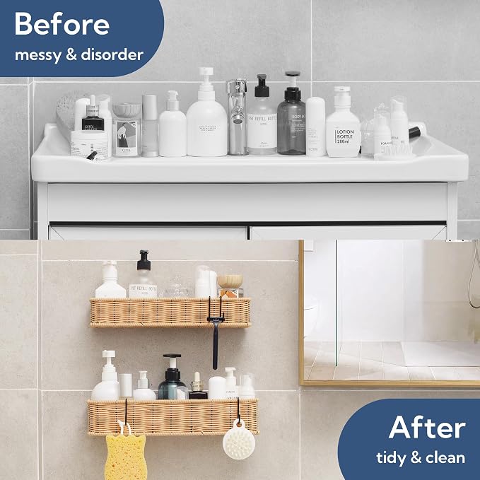 GRANNY SAYS Shower Caddy Hanging, Shower Shelf for Inside Showers, 2 Pack | Waterproof Bathroom Shelves for Showers, Shower Shelves for Organization and Storage, Wicker Adhesive Shelf, Natural