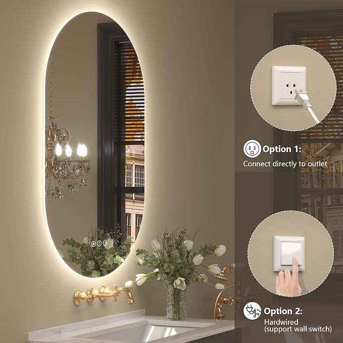 40x24 Inch Oval Backlit LED Bathroom Mirror with Lights | Lighted Vanity Mirror for Wall, Dimmable, 3 Colors Lighting, Anti-Fog, Pill-Shaped, Memory, ETL Listed, Horizontal/Vertical
