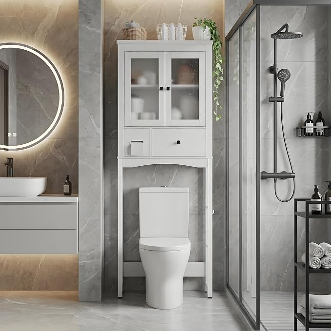 Garvee Over-The-Toilet Storage Rack, Vintage Bathroom Organizer | MDF Shelves & Steel Frame, Space-Saving Toilet Shelf for Small Bathrooms, Bathroom Cabinet for Towels & Toiletries, White