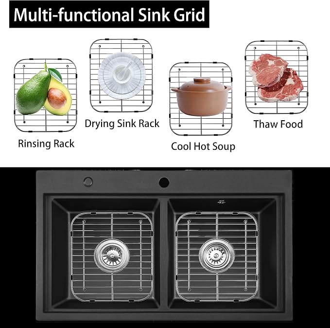 Sink Protectors for Kitchen Sink 13" x 11-5/8", 304 Stainless Steel Sink Grid Protectors for Kitchen Sink with Certer Drain Hole, Metal Protector for Sink with Sink Strainers (Center Drain)