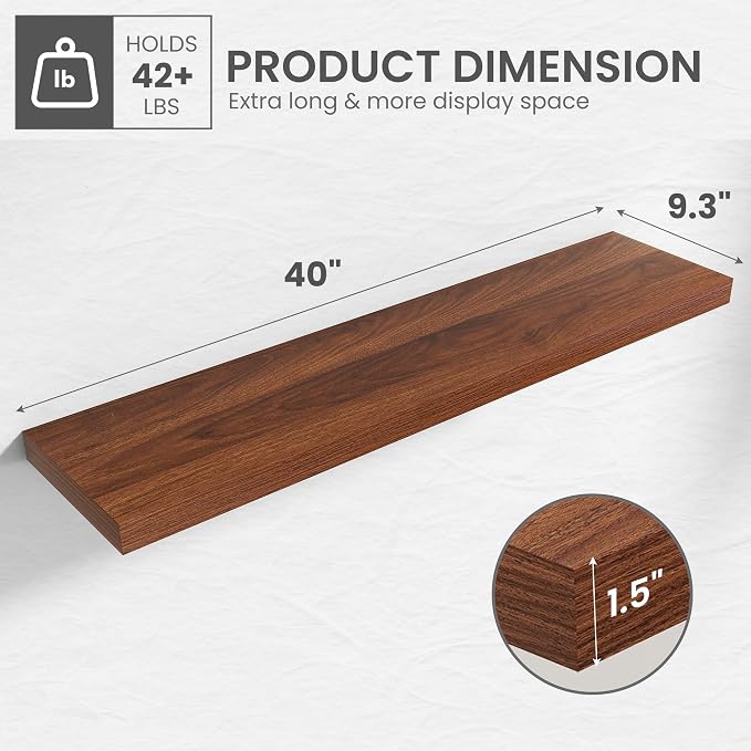 40 in Floating Shelves for Wall Decor Color Walnut,Pack 2 | Modern floating shelves for living room,bedroom,kitchen and bath.Organize & display books,photos and decor.easy mount,sturdy.