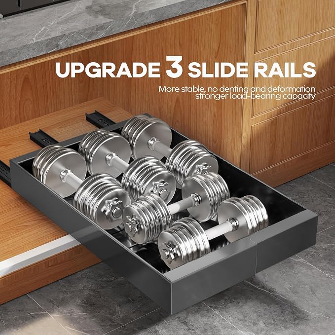 Seinloes 4 Pack Expandable Pull Out Cabinet Organizer 21" Deep with Raising Pad for Framed Cabinets,Upgrade 3 Slide Rails Slide Out Drawers,Roll Out Shelves Adhesive,Adjustable Width 9"-14.1" Black