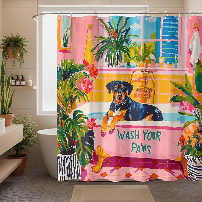 Accnicc Funny Dog Shower Curtain Boho Cute Rottweiler Shower Curtains for Bathroom Green Tropical Plants Pink Bathtub Matisse Decorative Unique Waterproof Fabric Bath Curtain Decor 72 X 72 Inches