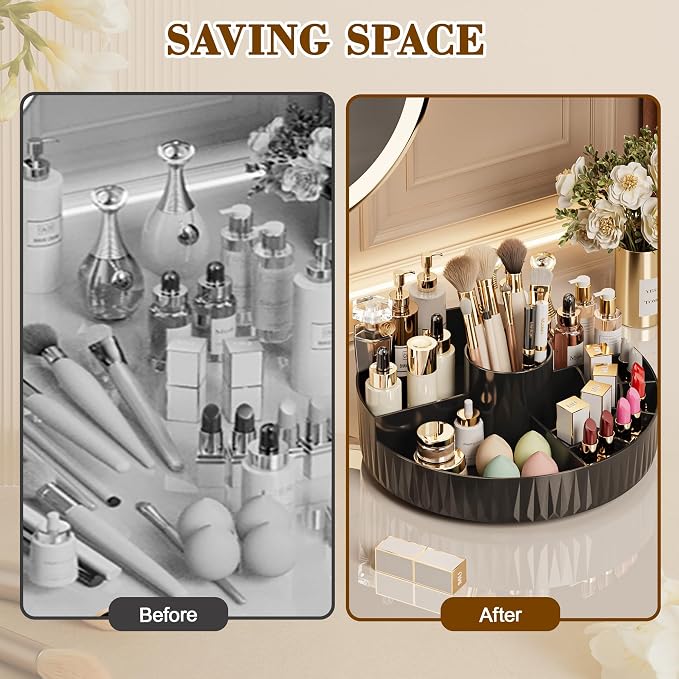 360° Rotate Makeup Organizer, Countertop Skincare Organizer, Large Capacity Multi-Compartment Makeup Brush Lipstick Skincare Organizer, Cosmetic Storage for Dresser Vanity & Bathroom (Black)
