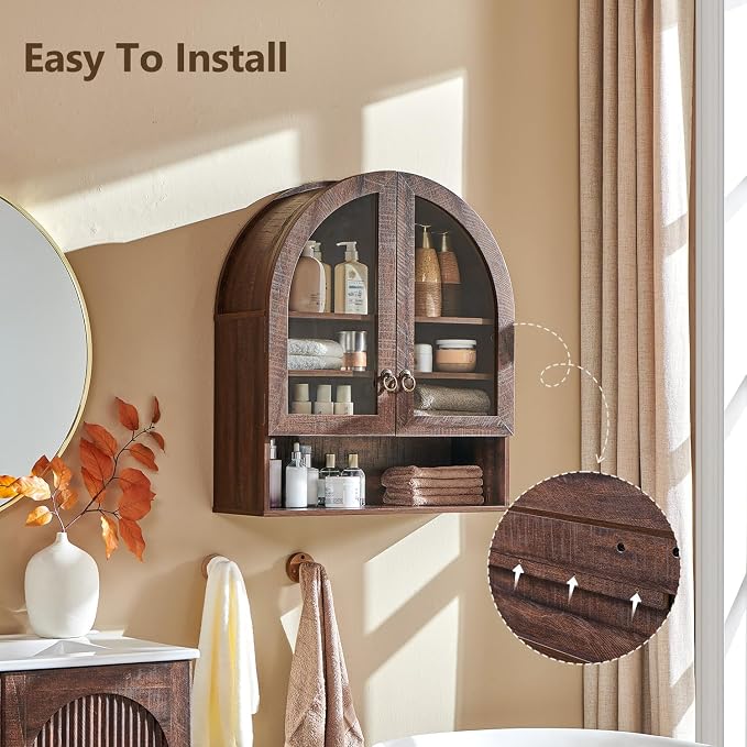 IFGET Bathroom Arched Wall Cabinet, 23.6'' Wide Medicine Cabinet with Adjustable Shelves & Glass Doors, Over The Toilet Storage Wall Mount Cabinet for Laundry Room, Kitchen & Living Room, Dark Walnut