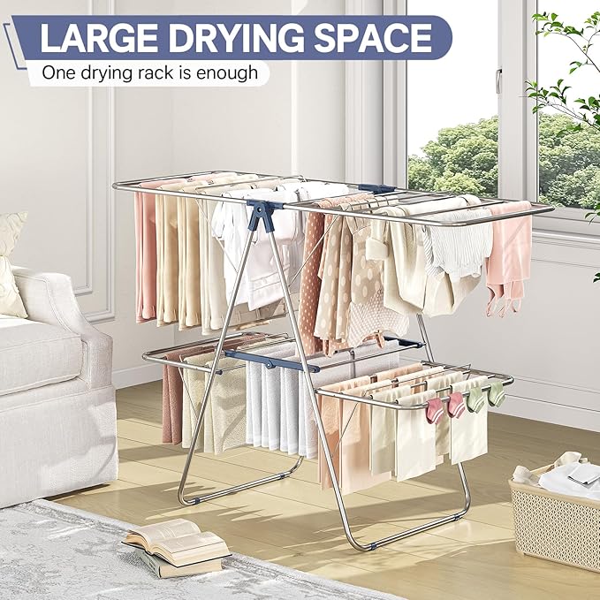 Large Stainless Steel Clothes Drying Rack with 4 Wings | Drying Rack Clothing with Height-Adjustable, Foldable Gullwings, Indoor Outdoor Use, No Assembly, Regular Blue