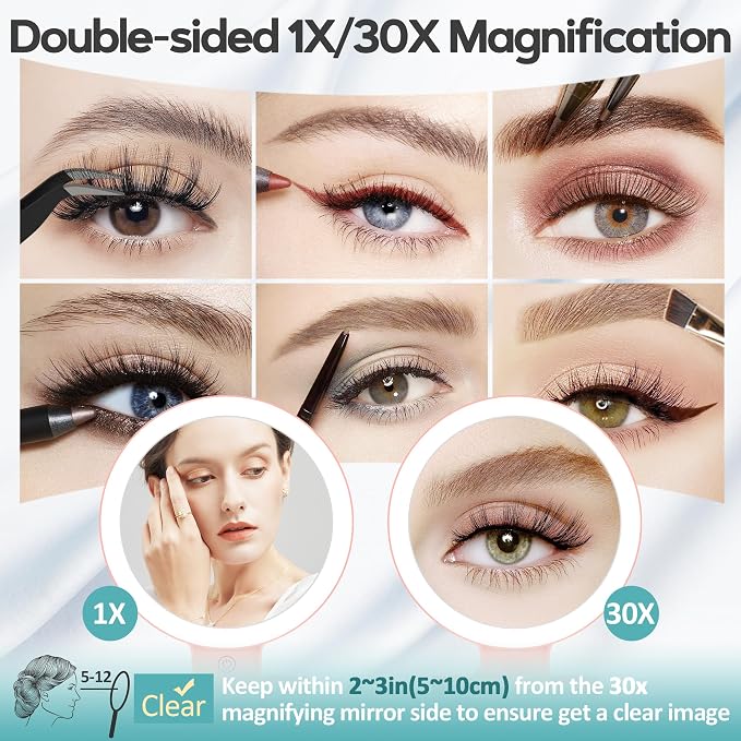 Magnifying Mirror with Light 30X, Double-Sided 1X/30X Magnifying Makeup Mirror with Tweezer, 2000mAh 3 Colour Modes with Adjustable Brightness,Foldable Compact Travel Mirror(Rose Gold)