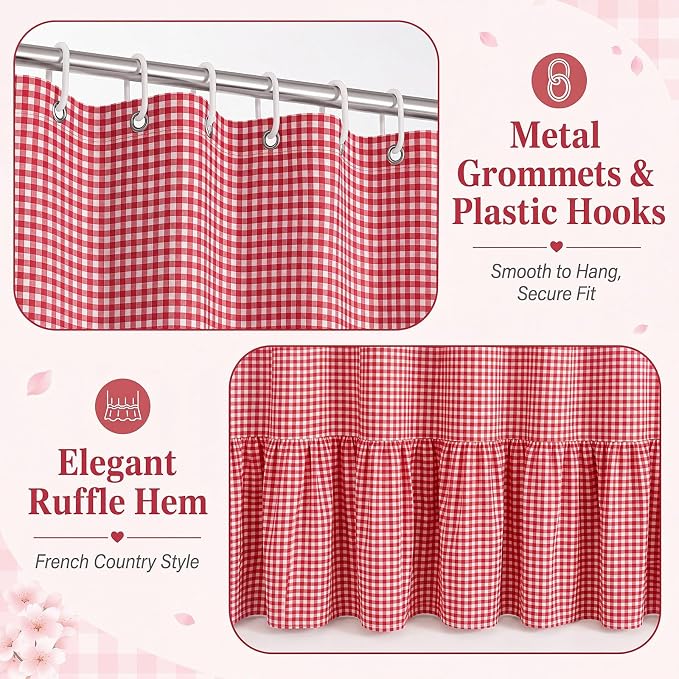 HunnmingRe Ruffle Hem Gingham Shower Curtain, Red Farmhouse | Waterproof Fabric for Bathroom, Machine Washable, Standard Size Fits Most Tubs, Farmhouse Cottage Style Decor