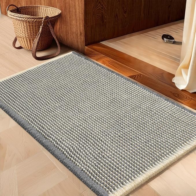 Waffle Bath Mat Grey & Beige 32"x20", Boho Woven Modern Bath Mat Rugs, Absorbent Non Slip Bathroom Rugs, Soft Washable Bath Rugs with Tassels for Bedroom, Kitchen, Shower, Tub