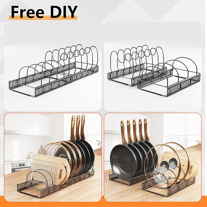 Pots and Pans Organizer Rack for Under Cabinet Expandable Pot Lid holders inside Organizer 10 Adjustable Divider Pan organizer 11.81''-22.85'' Pan lid organizer for cabinet Organizer for Bakeware