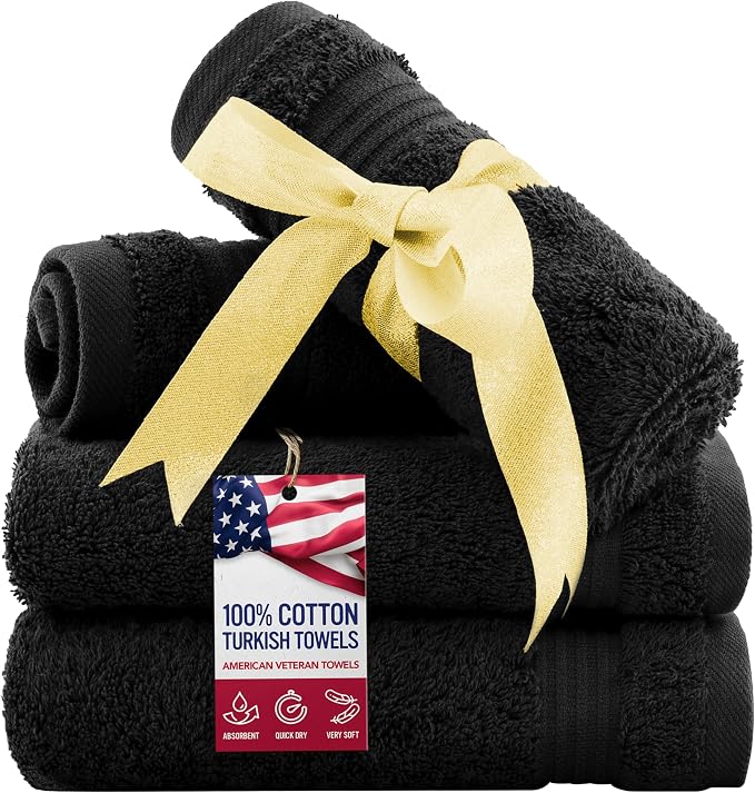 American Veteran Towel, 100% Cotton Turkish Washcloths for Bathroom Essentials 4 Pack, Soft Absorbent Wash Cloths Quick Drying Small Towels Washrags, Black