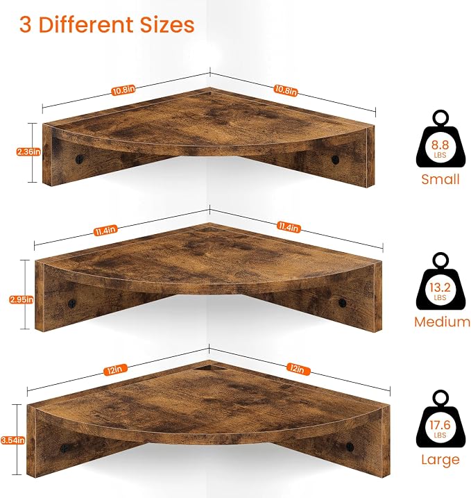 Corner Shelf Wall Mount, Set of 3 Floating Corner Shelves with Cord Hole, 3 Tier Wood Wall Display Shelf, Storage for Bathroom Living Room Kitchen Bedroom, Rustic Brown and Black