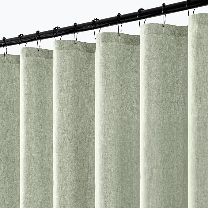 ANRODUO Sage Green Extra Long Linen Fabric Shower Curtain Set - W72xL108 | Farmhouse Shower Curtain with 12 Metal Hooks, Waterproof Heavy Duty, Button Hole Design, Machine Washable for Bathroom