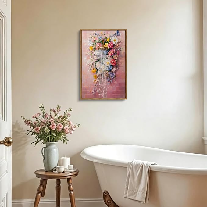 Floating Framed Floral Shower Wall Art, Pink Bathroom Flower Canvas Print, Romantic Blooming Roses Waterfall Painting, Cottagecore Botanical Wall Decor for Bathroom Bedroom Living Room 16x24 Inch