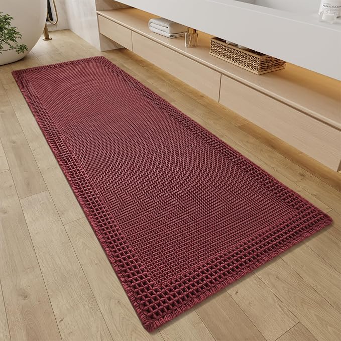 RESARE Waffle Bathroom Runner Rugs, Non Slip Boho Bath Mat 24"x72" Dark Red | Long Absorbent Bathroom Floor Mats Machine Washable Quick Dry, Soft Solid 2'x6' Bath Rugs with Tassels, Ideal Farmhouse Decor