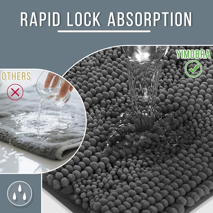 Yimobra Bathroom Rug Mat 44 x 24, Non Slip and Super Absorbent Bath Mat,Machine Washable Quick Dry,Ultra Plush Chenille Shower Rugs for Bathroom Floor Sink Tub and Shower Outside,Dark Gray