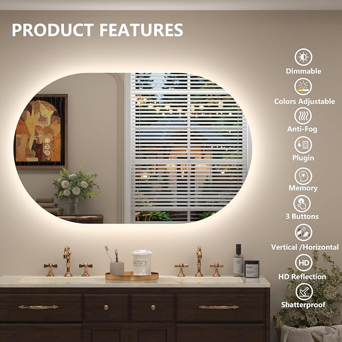40x24 Inch Oval Backlit LED Bathroom Mirror with Lights | Lighted Vanity Mirror for Wall, Dimmable, 3 Colors Lighting, Anti-Fog, Pill-Shaped, Memory, ETL Listed, Horizontal/Vertical