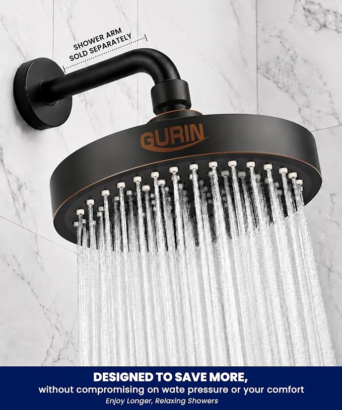 Shower Head - Luxury Oil Rubbed Black Finish - Rain Showerhead 6 Inch | High Pressure Shower Heads with Adjustable Angles, 90 Anti-Clog Nozzles, Tool-Free 1-Min Install