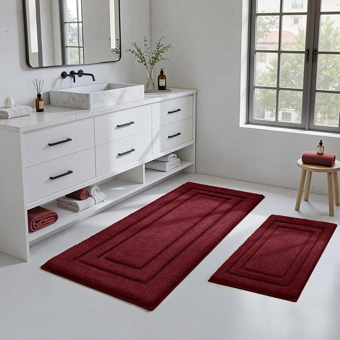 HOMEIDEAS Bathroom Rugs Sets 2 Piece, Super Soft and Absorbent Non Slip Microfiber Machine Washable Bath Mat Set (20" x 47" + 16" x 24", Burgundy Red)