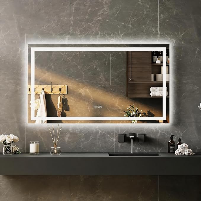 Large LED Bathroom Mirror 60x36 Inch - Frontlit & Backlit Frameless Wall Vanity Mirror with Stepless Dimming, Adjustable Color Temp, Anti-Fog Defogger, Smart Memory & 3X Suction Mirror, Sha