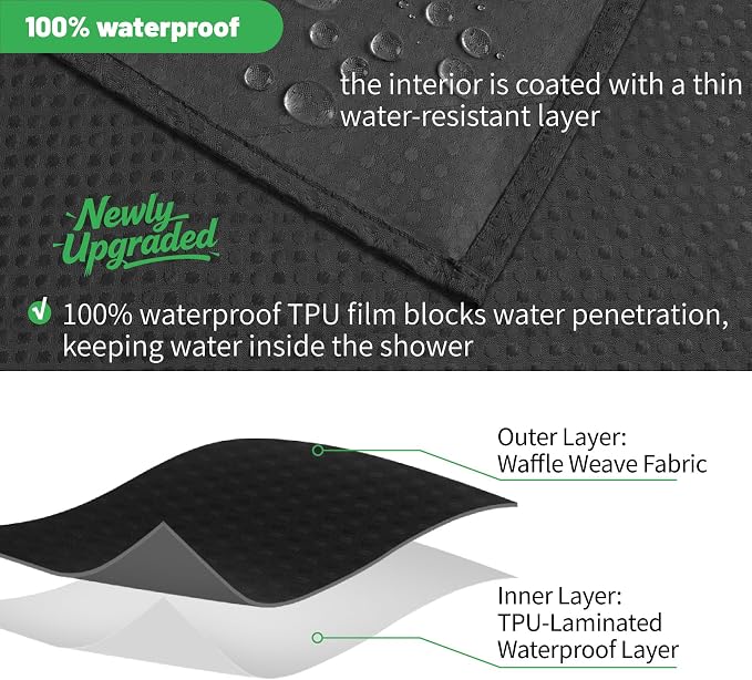 No Hook long Waffle Shower Curtain, No Liner Needed, 71x86 Inch, Black | 100% waterproof TPU-laminated backing, magnetic weighted hem, machine washable, shower curtain set for bathroom or hotel use