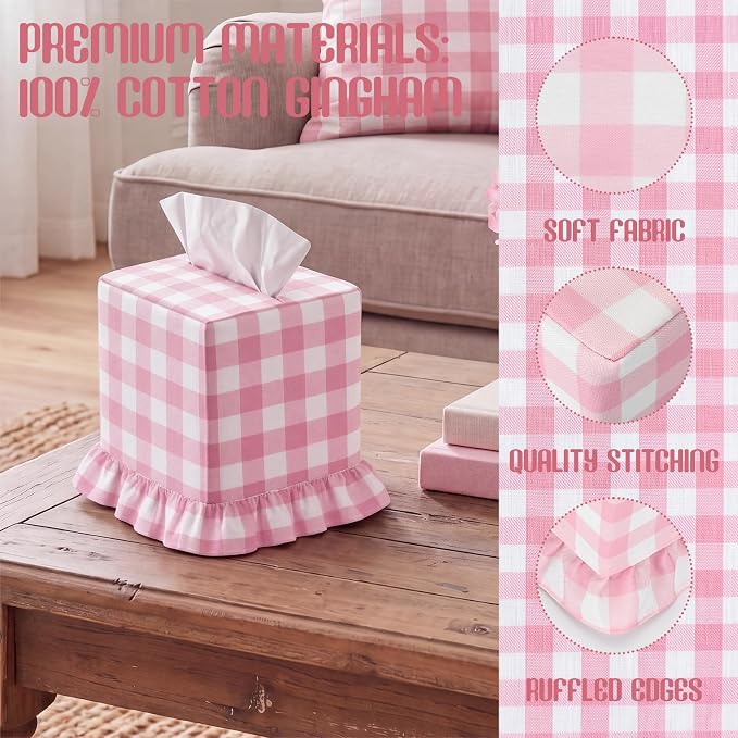 Pink Gingham Tissue Box with Ruffled Cover Cottagecore Handmade Decorative Gingham Napkin Holder for Home Bedroom Living Room Bathroom Vanity Countertop Car Office Kitchen