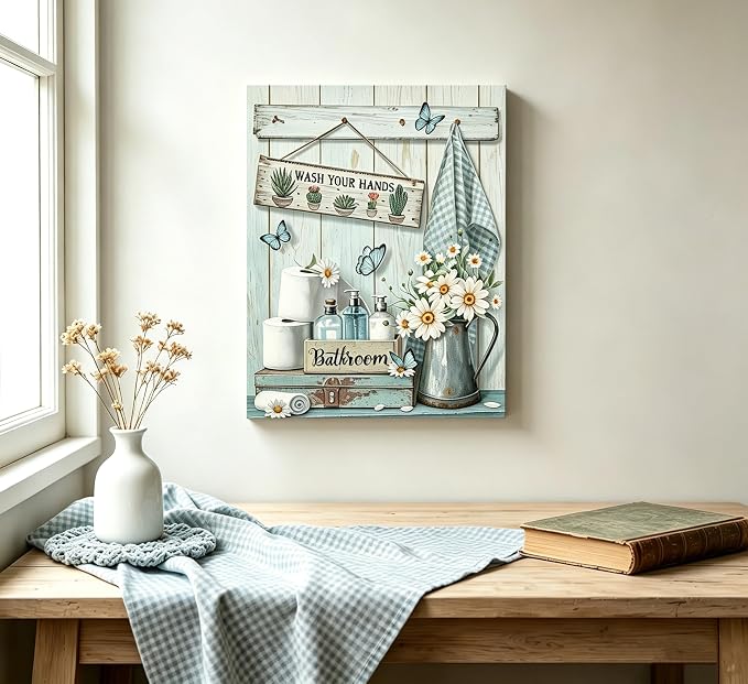XcwDt is Vintage Teal Bathroom Canvas Wall Art,Farmhouse Daisy Butterfly Painting Print,Rustic Teal Hand Washing Wall Decor,for Living Room Bedroom Restroom Home Decoration 16 x 24 In