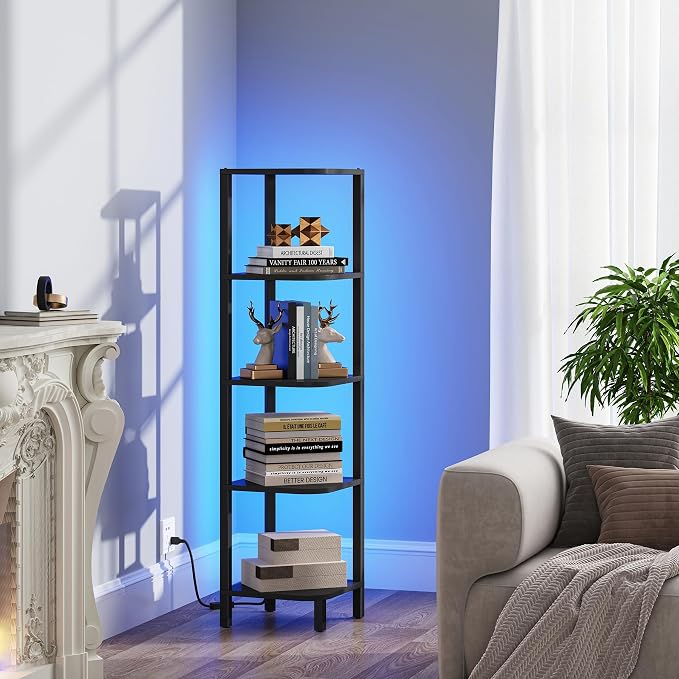 TUTOTAK Corner Shelf with LED Light, 5-Tier Corner Bookshelf | for Small Space, Narrow Display Corner Shelf Stand with Storage Rack, for Living Room, Bedroom, Black BS08BK005L