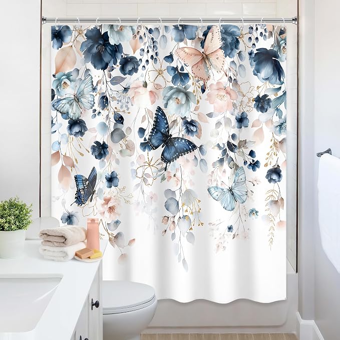 Blue Pink Floral Butterfly Spring Summer Bathroom Shower Curtain Set | 60"W x 72"L Plant Natural look, waterproof HD printed shower curtain, quick-dry fabric and free hooks.