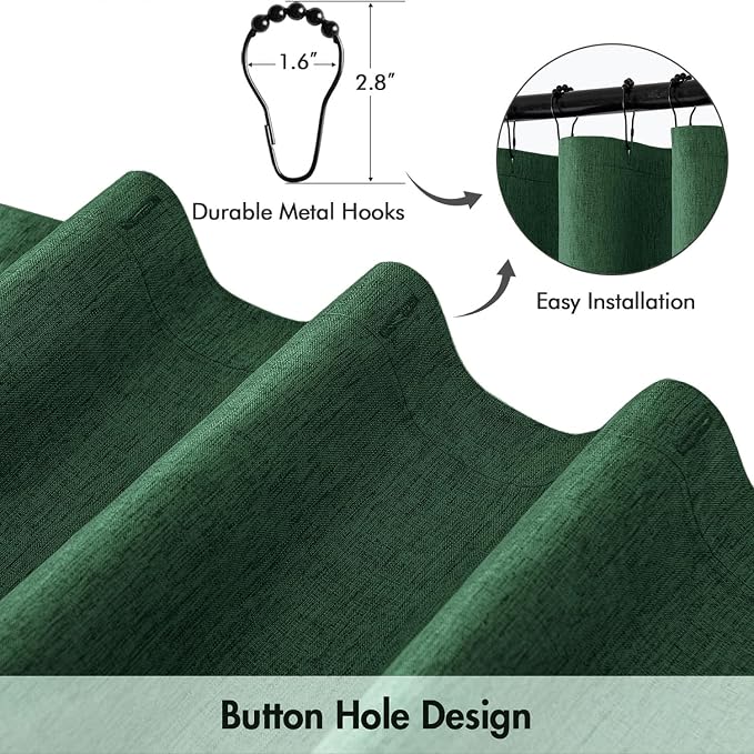 ANRODUO Dark Green Linen Textured Fabric Shower Curtain Set - W72xL84 | Farmhouse Shower Curtain with 12 Metal Hooks, Waterproof Heavy Duty, Button Hole Design, Machine Washable for Bathroom