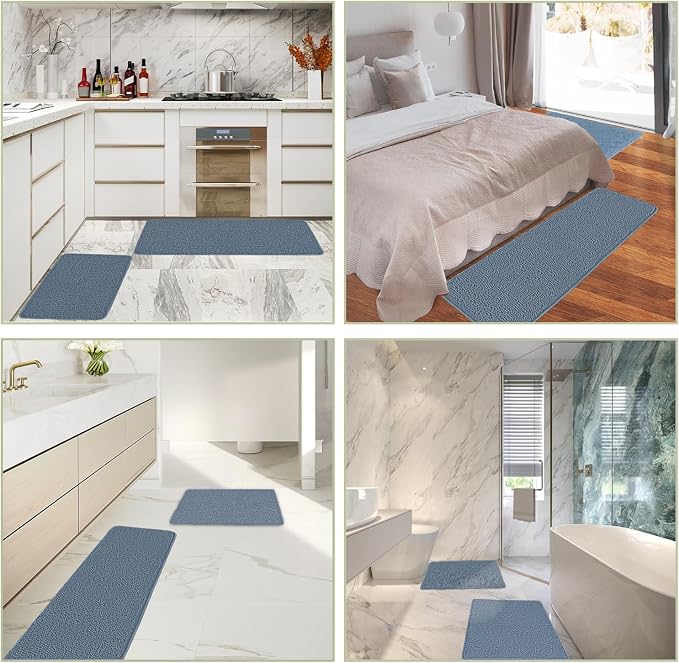 Blue Bathroom Rugs Sets 2 Piece – Absorbent and Washable Bath Mat, Non-Slip, Thick Soft Chenille Bath Rugs for Bathroom Floor, Shower, Sink - 17" x 24"+20" x 32"