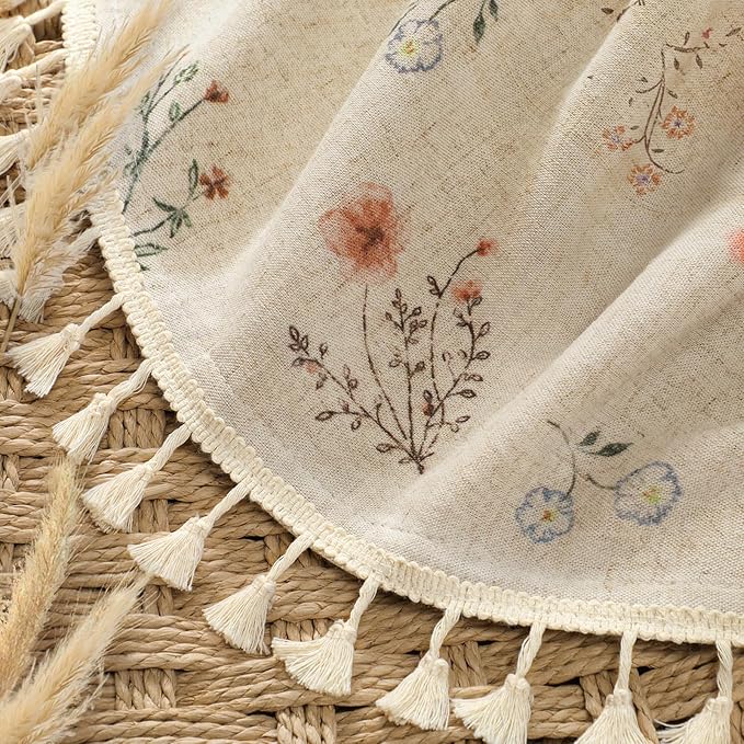 Floral Farmhouse Vintage Linen Shower Curtain, French Country Spring Shower Curtains for Bathroom with Tassels, 72Wx72H
