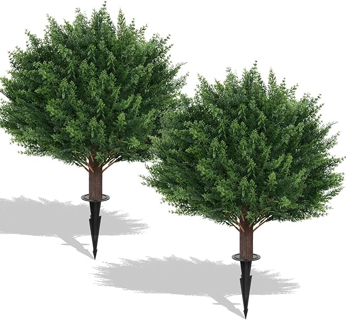 2Pack Artificial Cedar Topiary Ball Trees Outdoor, UV Resistant | Fake Shrubs Bushes with Ground Spike, Evergreen Faux Cypress Plants for Outdoor Indoor Front Porch Garden Decor